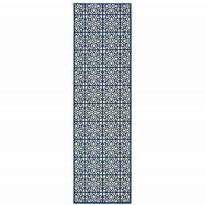 2' X 8' Ivory and Blue Geometric Stain Resistant Indoor Outdoor Area Rug