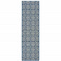 2' X 8' Ivory and Blue Geometric Stain Resistant Indoor Outdoor Area Rug