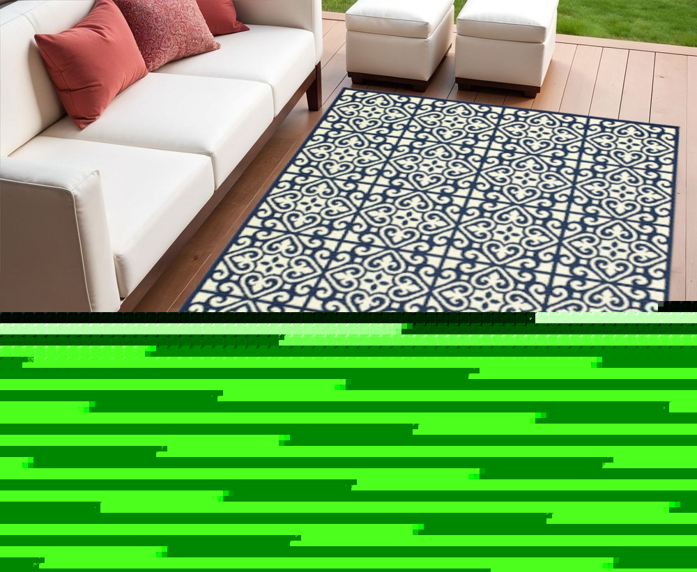 4' X 6' Ivory and Blue Geometric Stain Resistant Indoor Outdoor Area Rug