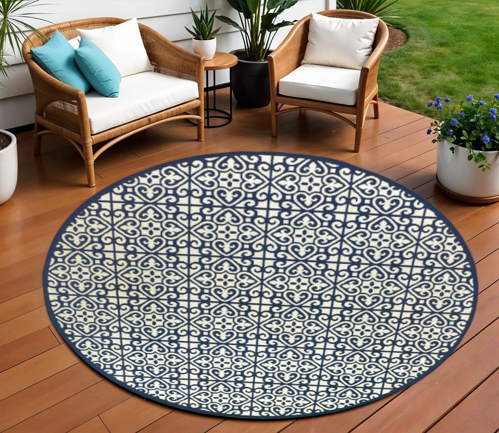 8' X 8' Ivory and Blue Round Geometric Stain Resistant Indoor Outdoor Area Rug