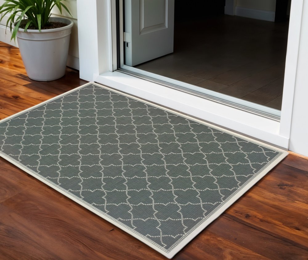2' X 4' Gray and Ivory Geometric Stain Resistant Indoor Outdoor Area Rug