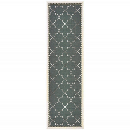 2' X 8' Gray and Ivory Geometric Stain Resistant Indoor Outdoor Area Rug