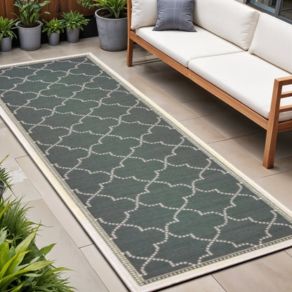 2' X 8' Gray and Ivory Geometric Stain Resistant Indoor Outdoor Area Rug