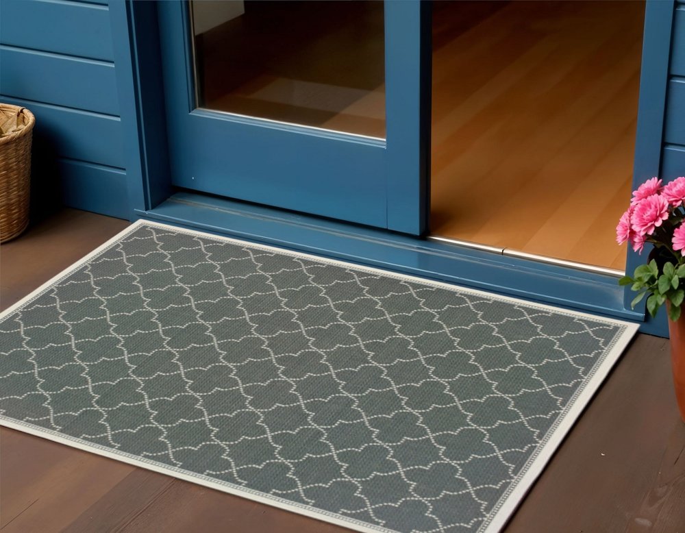 2' X 4' Gray and Ivory Geometric Stain Resistant Indoor Outdoor Area Rug