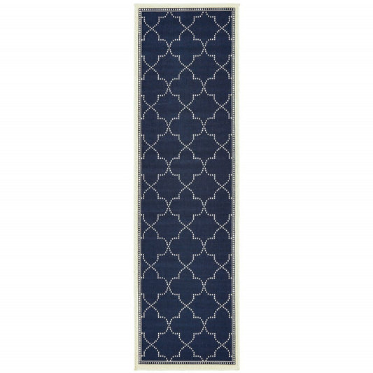 2' X 8' Blue and Ivory Geometric Stain Resistant Indoor Outdoor Area Rug