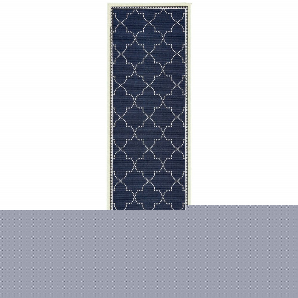 2' X 8' Blue and Ivory Geometric Stain Resistant Indoor Outdoor Area Rug