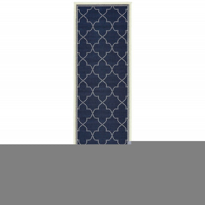 2' X 8' Blue and Ivory Geometric Stain Resistant Indoor Outdoor Area Rug