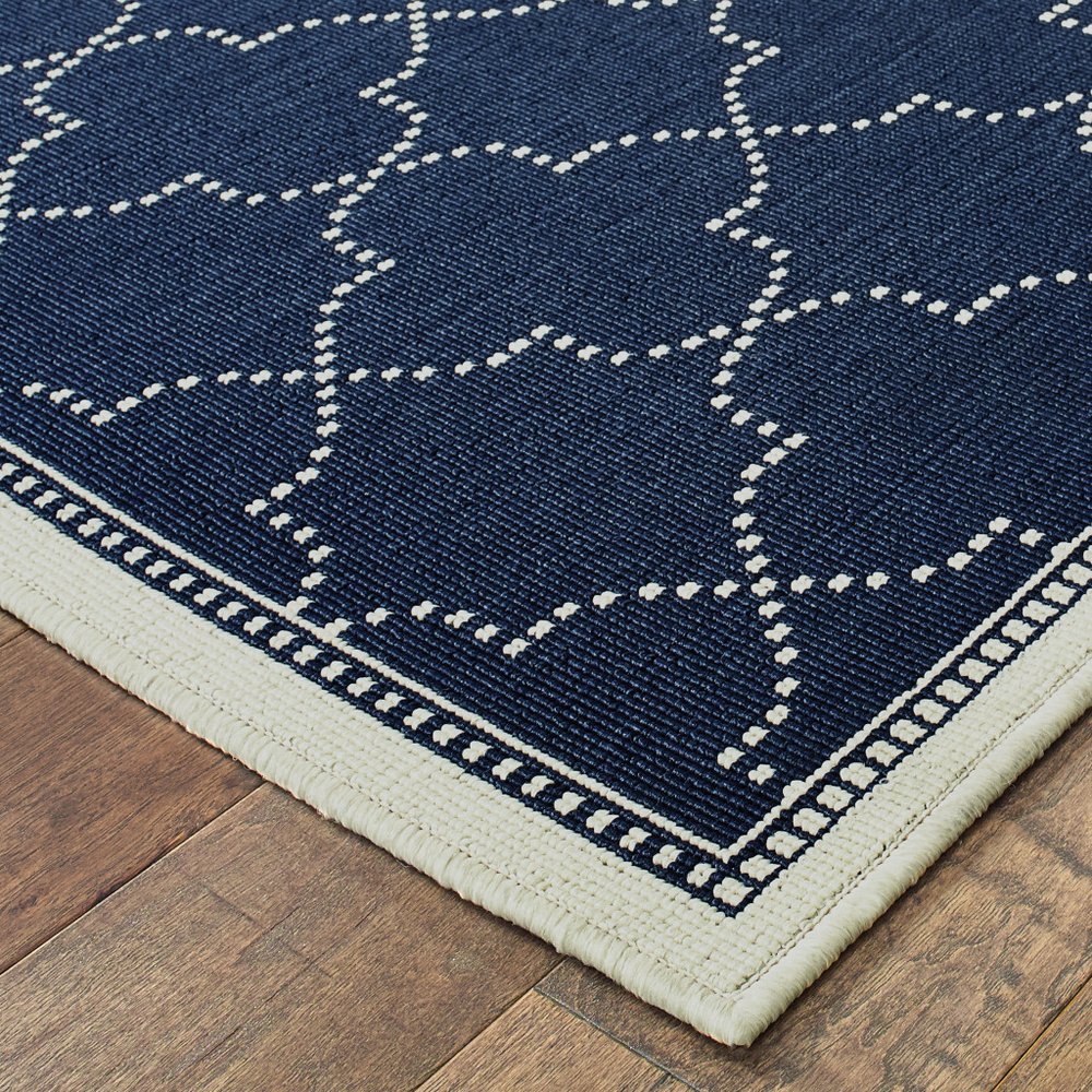 2' X 8' Blue and Ivory Geometric Stain Resistant Indoor Outdoor Area Rug