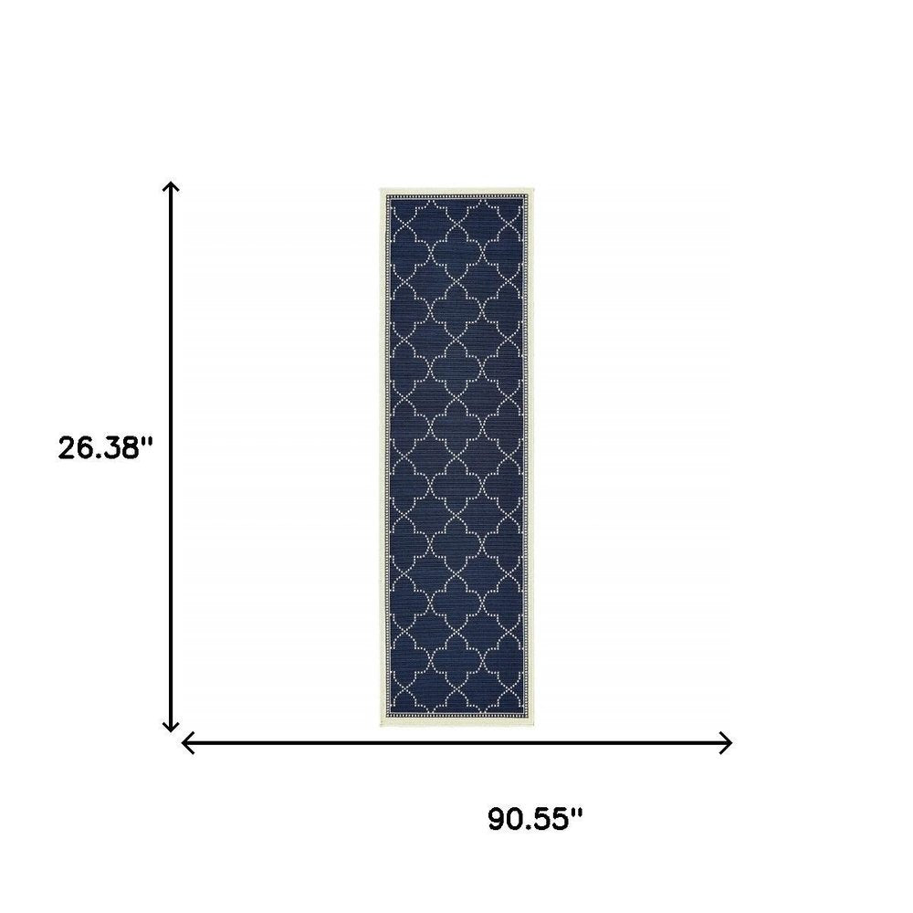 2' X 8' Blue and Ivory Geometric Stain Resistant Indoor Outdoor Area Rug