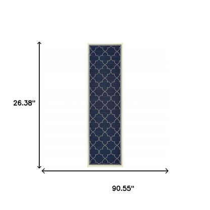 2' X 8' Blue and Ivory Geometric Stain Resistant Indoor Outdoor Area Rug