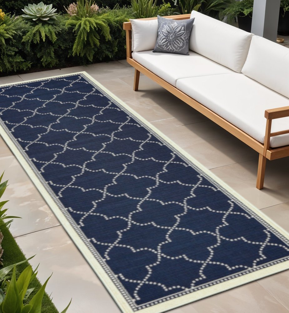2' X 8' Blue and Ivory Geometric Stain Resistant Indoor Outdoor Area Rug