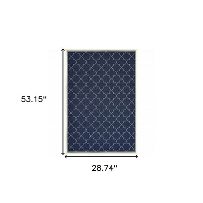 2' X 4' Blue and Ivory Geometric Stain Resistant Indoor Outdoor Area Rug