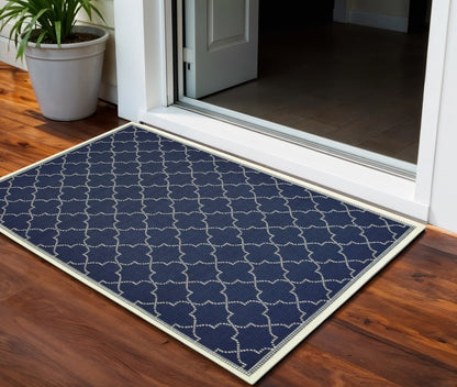 2' X 4' Blue and Ivory Geometric Stain Resistant Indoor Outdoor Area Rug