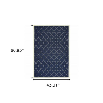 4' X 6' Blue and Ivory Geometric Stain Resistant Indoor Outdoor Area Rug
