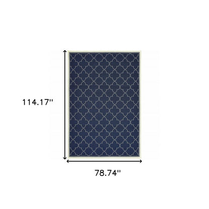 7' X 10' Blue and Ivory Geometric Stain Resistant Indoor Outdoor Area Rug