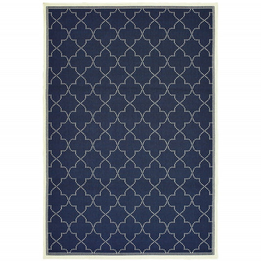 7' X 10' Blue and Ivory Geometric Stain Resistant Indoor Outdoor Area Rug