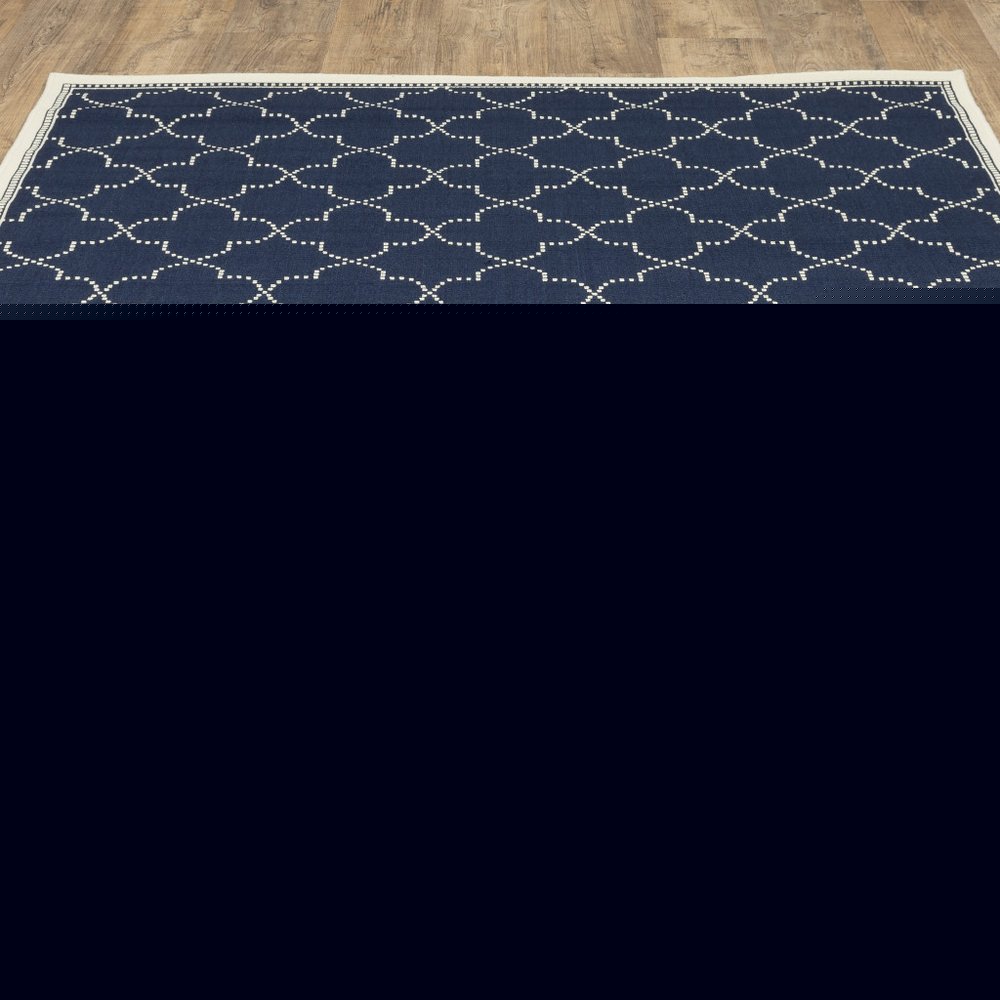 7' X 10' Blue and Ivory Geometric Stain Resistant Indoor Outdoor Area Rug