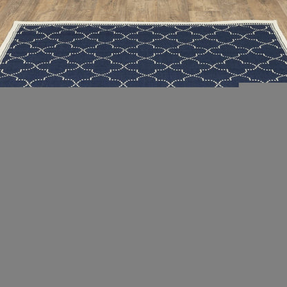 7' X 10' Blue and Ivory Geometric Stain Resistant Indoor Outdoor Area Rug