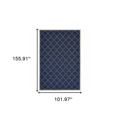 9' X 13' Blue and Ivory Geometric Stain Resistant Indoor Outdoor Area Rug