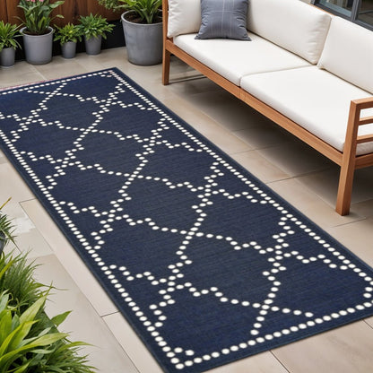 2' X 8' Blue and Ivory Geometric Stain Resistant Indoor Outdoor Area Rug