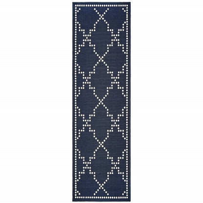 2' X 8' Blue and Ivory Geometric Stain Resistant Indoor Outdoor Area Rug