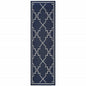 2' X 8' Blue and Ivory Geometric Stain Resistant Indoor Outdoor Area Rug