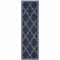2' X 8' Blue and Ivory Geometric Stain Resistant Indoor Outdoor Area Rug
