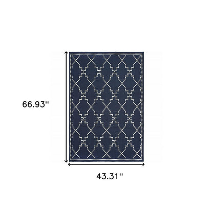 4' X 6' Blue and Ivory Geometric Stain Resistant Indoor Outdoor Area Rug