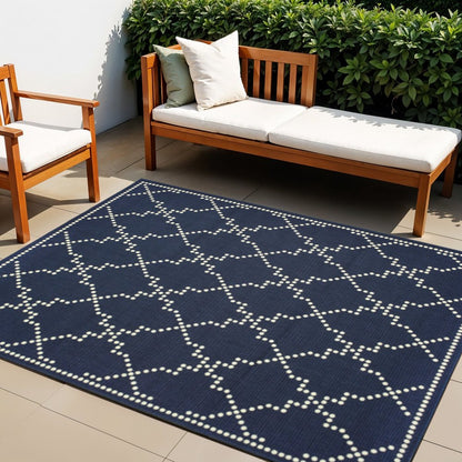 4' X 6' Blue and Ivory Geometric Stain Resistant Indoor Outdoor Area Rug