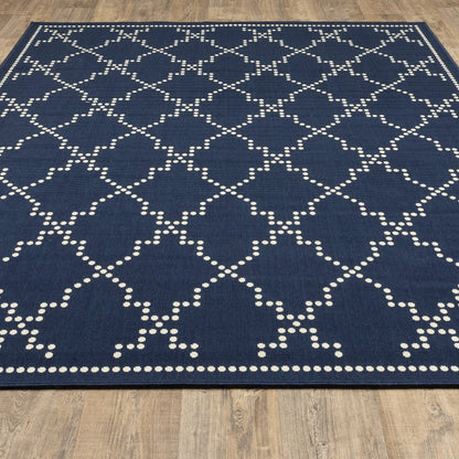 7' X 10' Blue and Ivory Geometric Stain Resistant Indoor Outdoor Area Rug