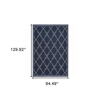 8' X 11' Blue and Ivory Geometric Stain Resistant Indoor Outdoor Area Rug