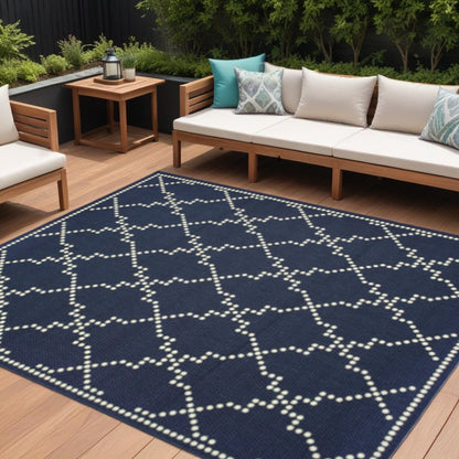 8' X 11' Blue and Ivory Geometric Stain Resistant Indoor Outdoor Area Rug