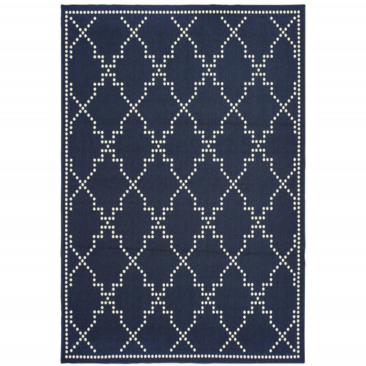 8' X 11' Blue and Ivory Geometric Stain Resistant Indoor Outdoor Area Rug