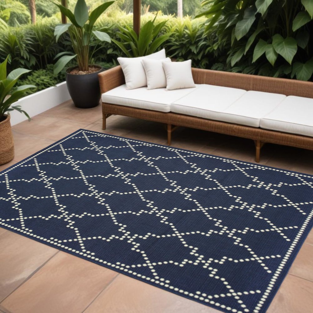 9' X 13' Blue and Ivory Geometric Stain Resistant Indoor Outdoor Area Rug