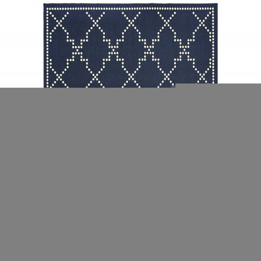 9' X 13' Blue and Ivory Geometric Stain Resistant Indoor Outdoor Area Rug