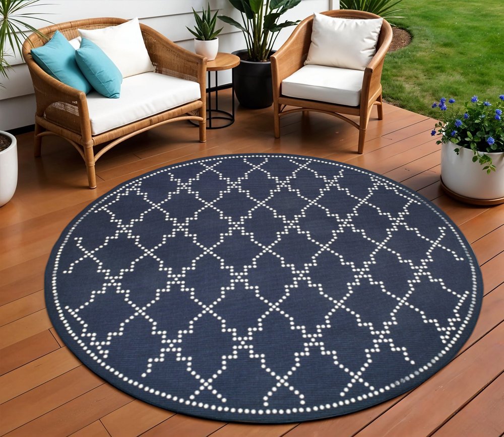 8' X 8' Blue and Ivory Round Geometric Stain Resistant Indoor Outdoor Area Rug