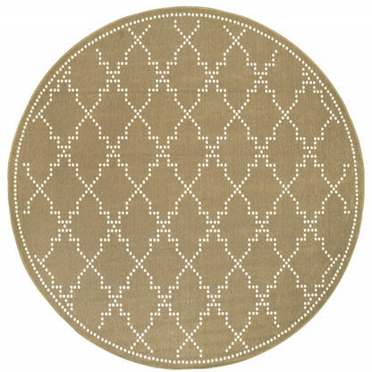 8' X 8' Tan Round Geometric Stain Resistant Indoor Outdoor Area Rug