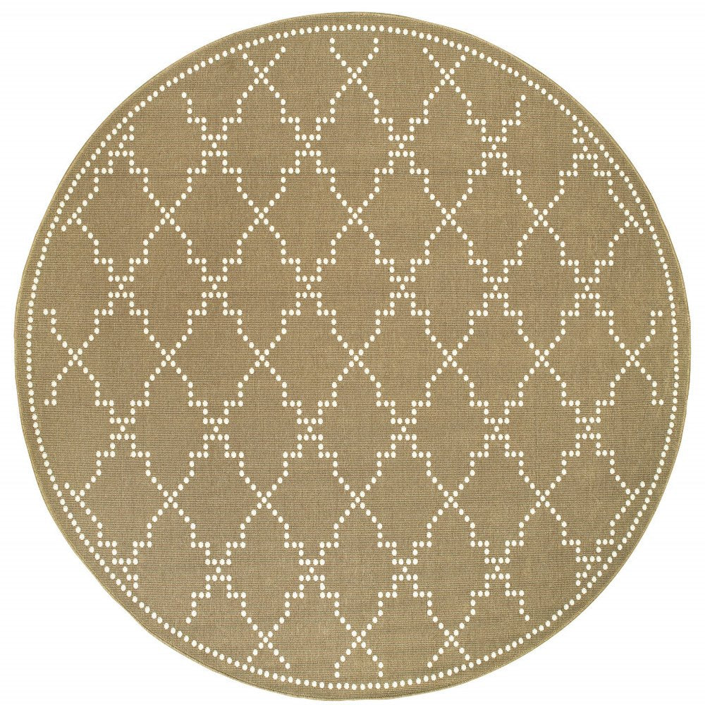 8' X 8' Tan Round Geometric Stain Resistant Indoor Outdoor Area Rug