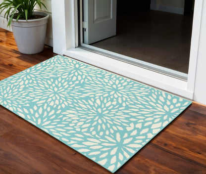 2' X 3' Blue and Ivory Floral Stain Resistant Indoor Outdoor Area Rug