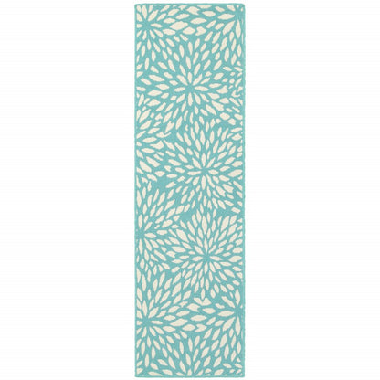 2' X 8' Blue and Ivory Floral Stain Resistant Indoor Outdoor Area Rug