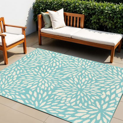 4' X 6' Blue and Ivory Floral Stain Resistant Indoor Outdoor Area Rug
