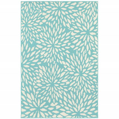4' X 6' Blue and Ivory Floral Stain Resistant Indoor Outdoor Area Rug