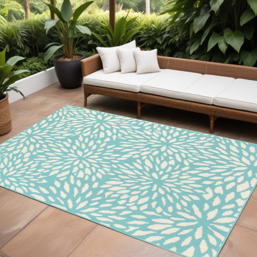 9' X 13' Blue and Ivory Floral Stain Resistant Indoor Outdoor Area Rug