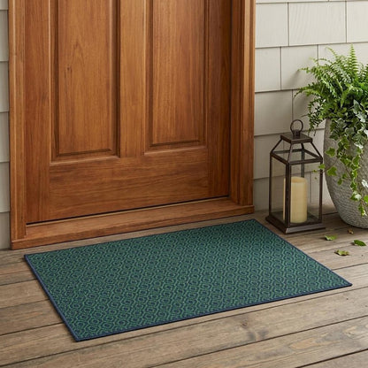 2' X 3' Blue and Green Geometric Stain Resistant Indoor Outdoor Area Rug