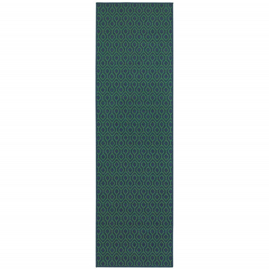 2' X 8' Blue and Green Geometric Stain Resistant Indoor Outdoor Area Rug