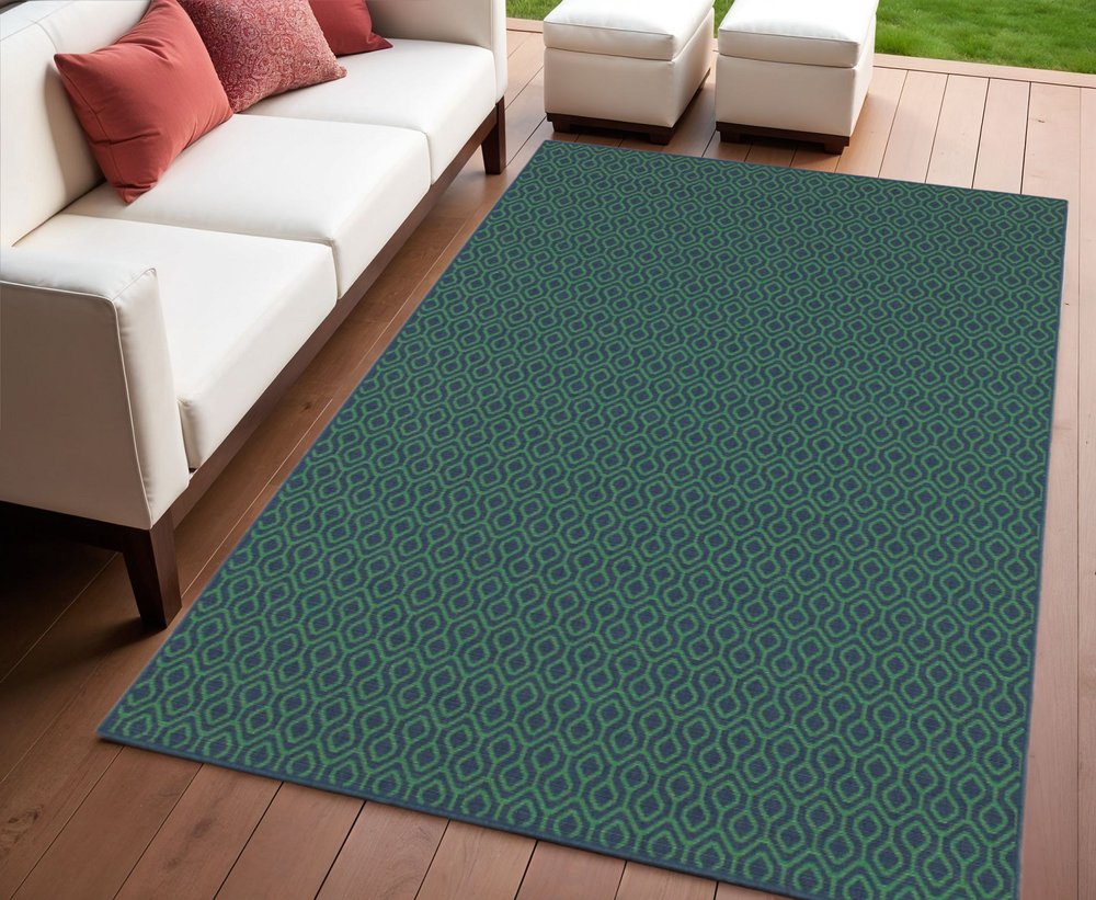 4' X 6' Blue and Green Geometric Stain Resistant Indoor Outdoor Area Rug