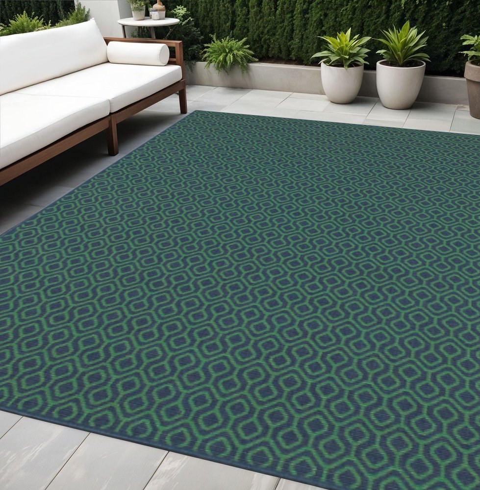 5' X 8' Blue and Green Geometric Stain Resistant Indoor Outdoor Area Rug