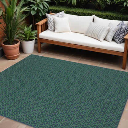 7' X 10' Blue and Green Geometric Stain Resistant Indoor Outdoor Area Rug