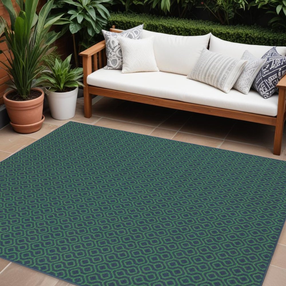 7' X 10' Blue and Green Geometric Stain Resistant Indoor Outdoor Area Rug
