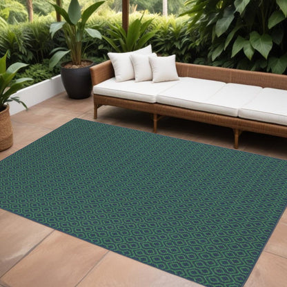 9' X 13' Blue and Green Geometric Stain Resistant Indoor Outdoor Area Rug